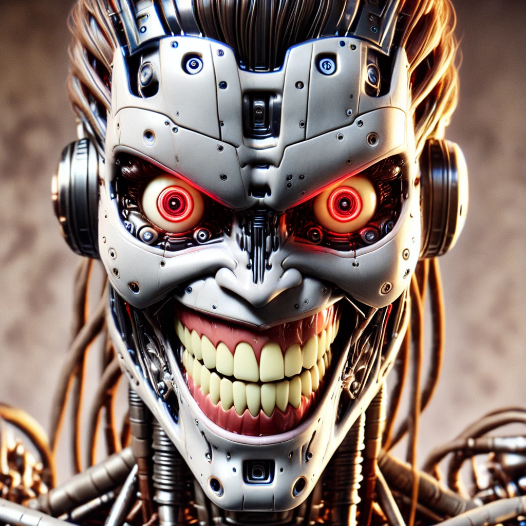 humanoid robot, 1girl, close-up, portrait, mechanical parts, no humans, realistic, solo, brown hair, strands of hair cascading down from the head, large glowing red eyes, looking at viewer, nose, smile, grin, slight dimples in the cheeks, open mouth, clenched teeth, cables protruding from the neck area, neck composed of exposed mechanical parts and wires, glowing, blurry background, cables, horror (theme)