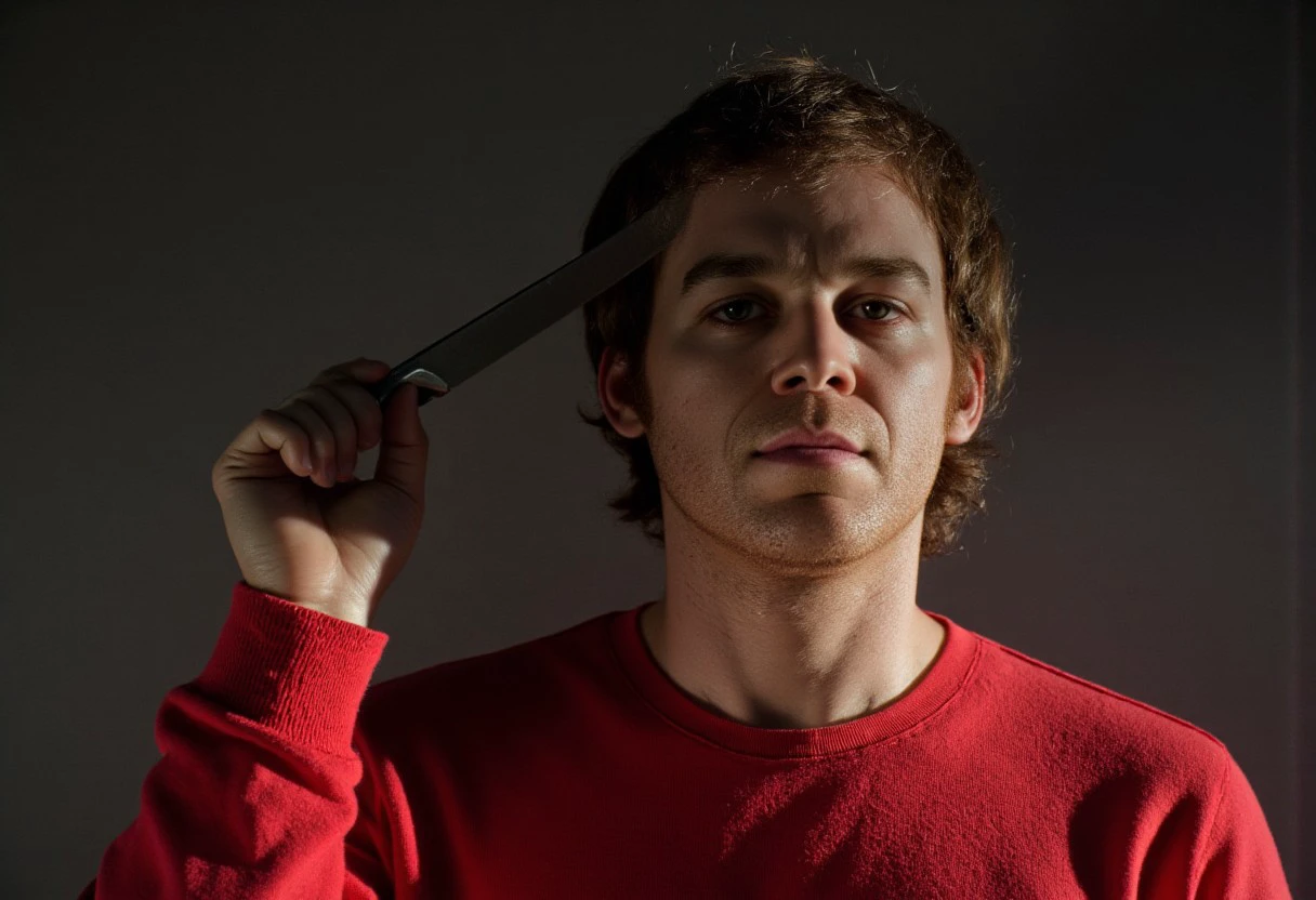 dextermorg, red shirt, holding knife, gradient black and grey background, blood splatter, smirk,  35 mm photo, reflective sunlight, detailerlora