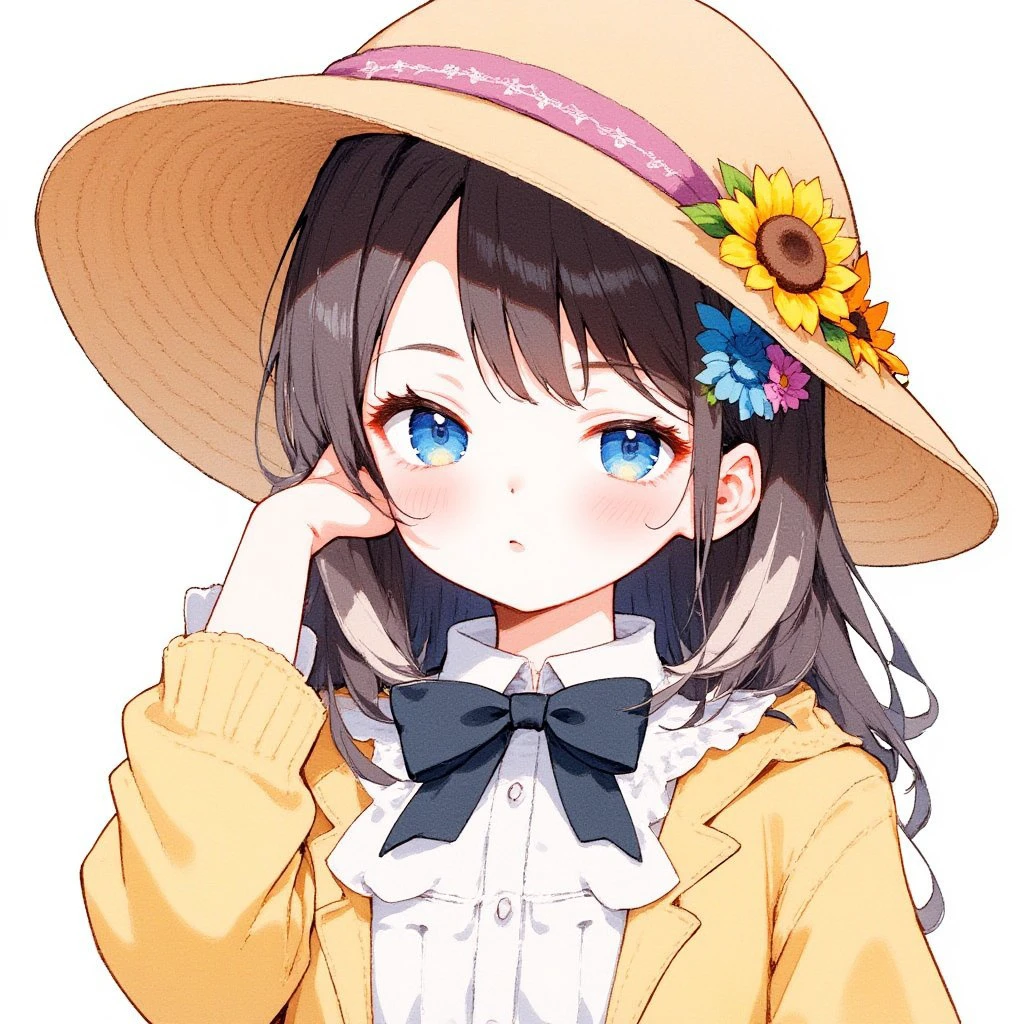 woman, sunflowers on her head, holding her hand to her ear, 1girl, solo, long_hair, looking_at_viewer, blush, bangs, blue_eyes, simple_background, brown_hair, shirt, black_hair, hair_ornament, long_sleeves, hat, white_background, dress, bow, ribbon, hair_between_eyes, closed_mouth, collarbone, jacket, white_shirt, hand_in_own_hair, black_bowtie, crossed_bangs, yellow_flower, brown_headwear, sunflower, hand_on_own_cheek, hat_flower, frilled_shirt, painting_(medium), sample_watermark, watercolor_(medium), 3:, orange_flower, hair_tucking, Gouache