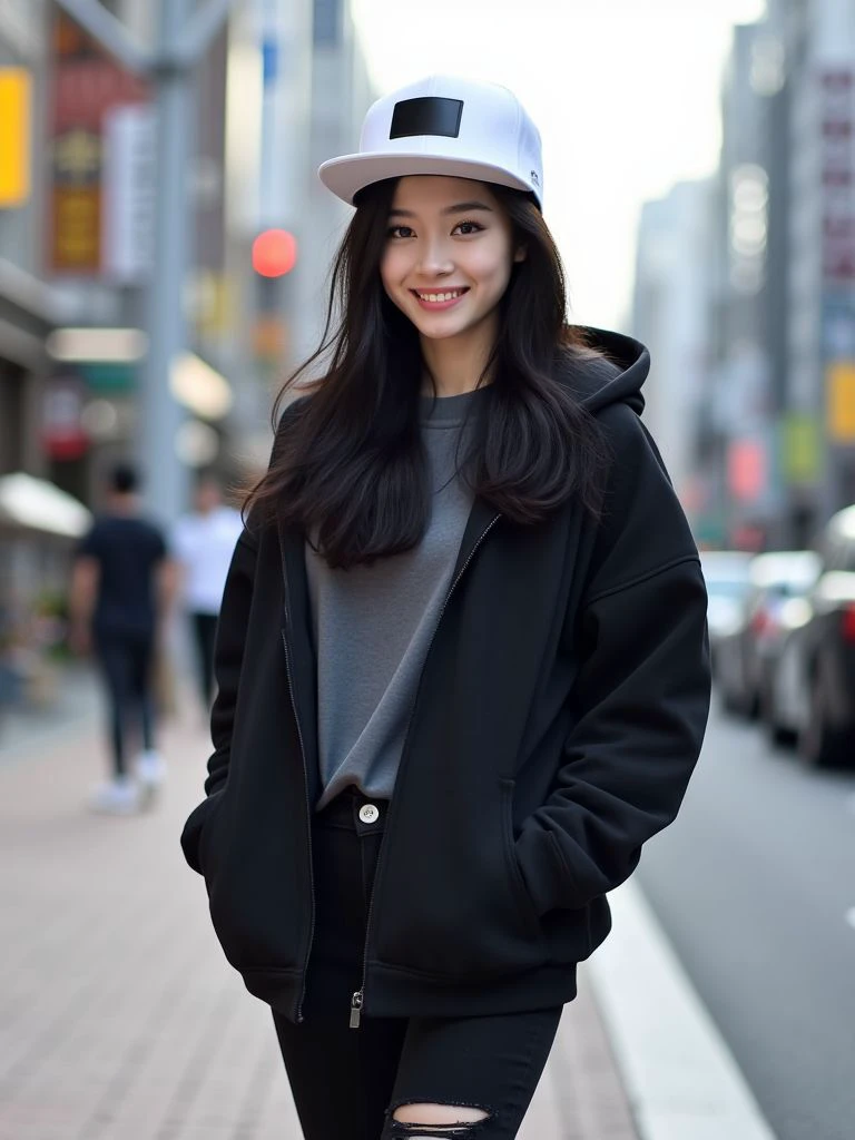 <lora:FlatBillCap_Flux:1>, a cute young beautiful slender Japanese Asian girl with long black hair, ((wearing a white FLATBILLCAP hat)) and a black baggy unzipped hoodie with gray t-shirt and black distressed jeans. She stands on a sidewalk in Tokyo as she smiles while looking at the viewer, casually posing for a photo in a casual Instagram style photo. The background contains a Tokyo city scene with skyscrapers and Japan city streets. The image gives a sense of wonder and alure and city life.