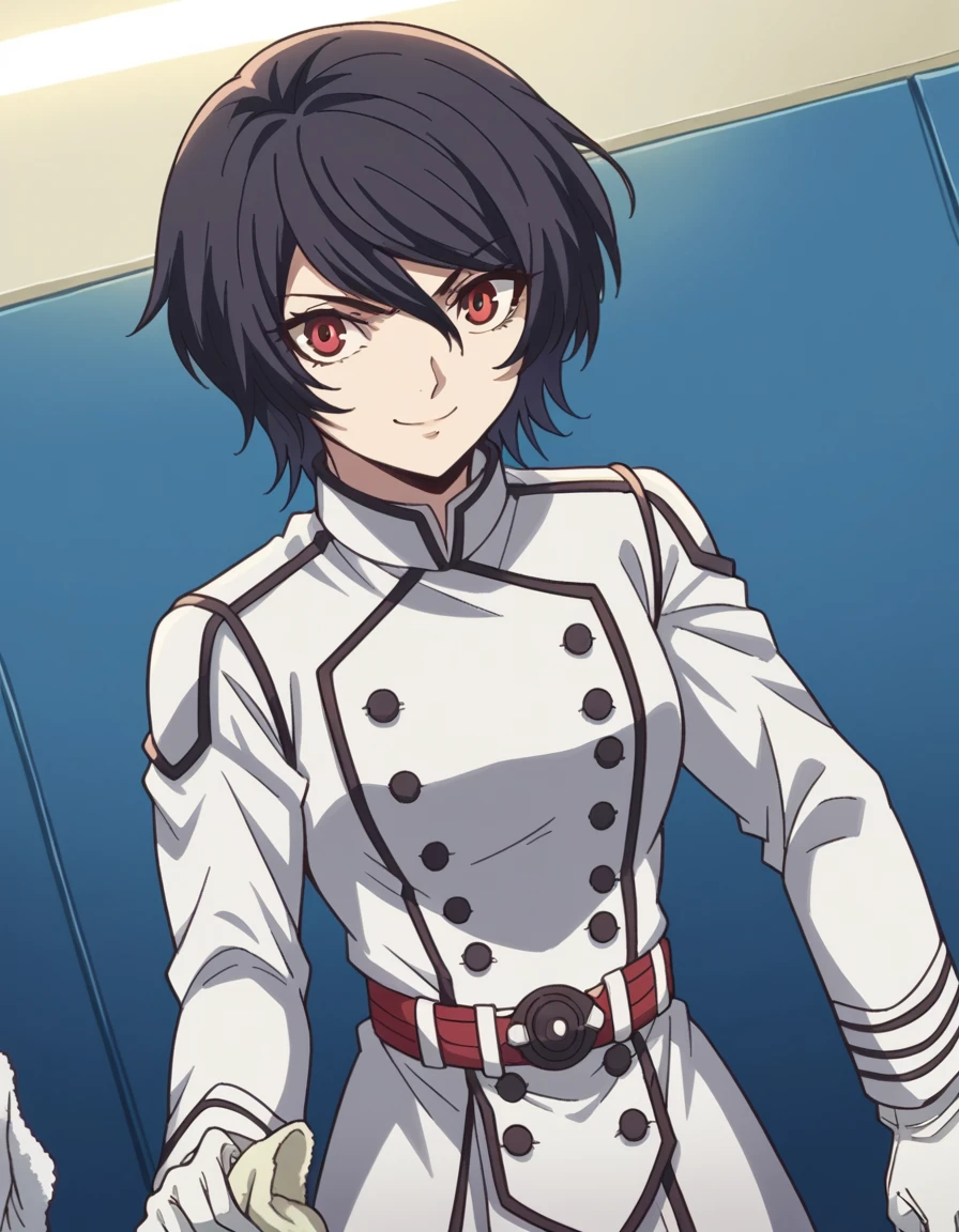 score_9, score_8_up, score_7_up, source_anime, <lora:akudama-apprentice-s1-ponyxl-lora-nochekaiser:1>, apprentice, short hair, black hair, red eyes, hair between eyes,, gloves, belt, white gloves, uniform, military, military uniform,, laundry day, clothesline, drying clothes, domestic life, fresh air, blue sky, smile, looking at viewer, solo,, cowboy shot, dutch angle