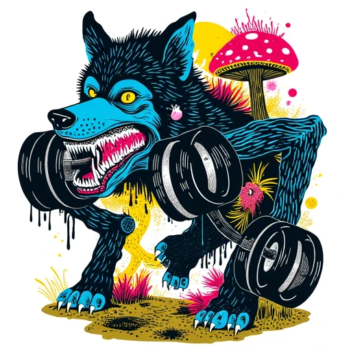 open mouth, wolf, dumbbell, claws, teeth, crude drawing, screen print, blue skin, halftone, mushroom, monster