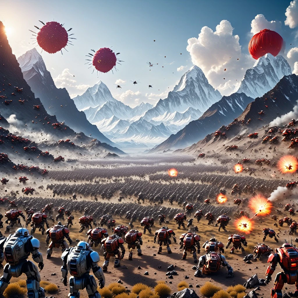 an extreme wide shot of a battlefield between an army of ((Doraemons)) against an army of ((Hello Kittys))panda bears, BREAK, there are mountains on the background as high as Mount Everest, a frozen valley, two red suns in the sky, fire and explosions abound, cinematic volumetric lighting, shot with Sony Fx6