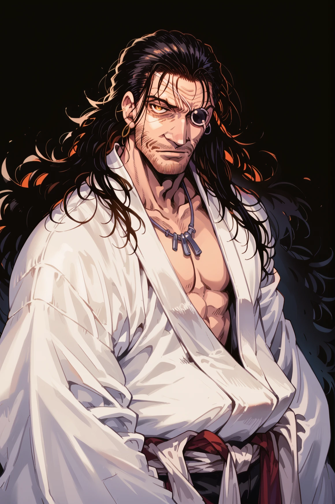 oda_nobunaga_\(drifters)\, facial hair, black hair, eyepatch, white kimono, black pants, japanese clothes, upper body, black background, looking at viewer, <lora:oda_nobunaga-000019:0.85> <lora:hellsing_ultimate_style:0.65> hellsing_ultimate_style, score_9, score_8_up, score_7_up, score_6_up