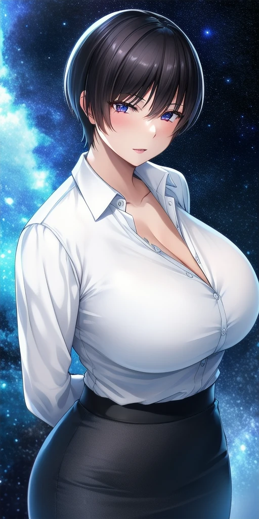 <lora:KaoruMizutaniV3:0.7> kaoru_mizutani, huge_breasts, standing, solo, arms_behind_back, starry_sky, pencil_skirt, dress_shirt, black_skirt, white_shirt,, masterpiece, best_quality, detailed_face, detailed_eyes, highres, beautiful, detailed, absurdres,