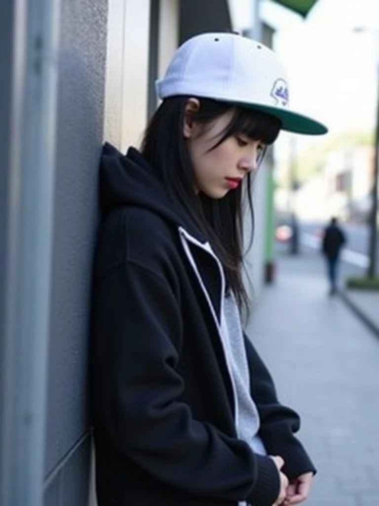 <lora:FlatBillCap_Flux:1>, solo, from the side, close-up, a cute beautiful slender Japanese Asian girl with long black hair, ((wearing a white FLATBILLCAP hat)) and a black baggy unzipped hoodie with gray t-shirt. She stands on a sidewalk in Tokyo, she casually leas her back against a building's wall as she looks down and appears sad and lonely, candid photography. The background contains a Tokyo city scene with skyscrapers and Japan city streets. The image gives a sense of longing and loneliness, as if one lives in a big city but has no friends or family amongst the bustling city life.