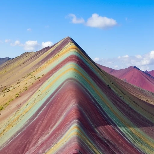 a mountain with a very colorful mountain top in the background and a sky background with a few clouds, outdoors, blue sky, gradient, close-up, realistic, speed lines, Vinicunca