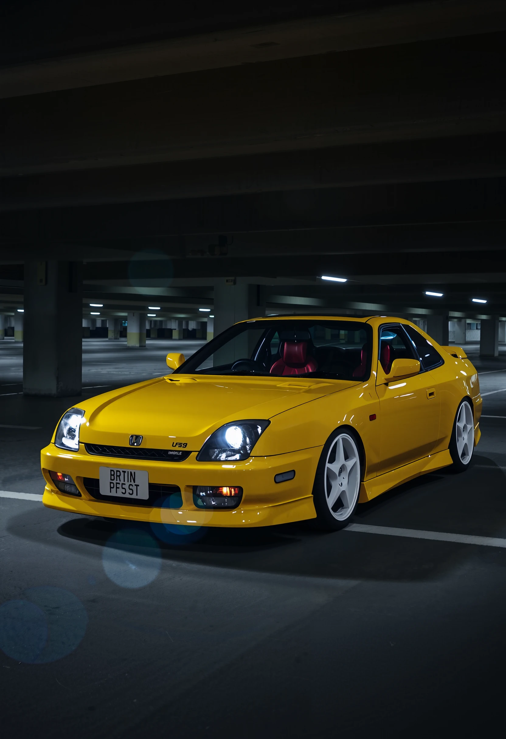 A photograh of a Honda Prelude, imola yellow car, dark parking garage, car meet, line of japanese cars, smoke from exhaust, white wheels, low beams on, fog lights, sunroof up, license plate says "Prelude", low angle side front, raytraced reflections, bloom, light rays, hyperrealistic, 8k, far shot 60mm