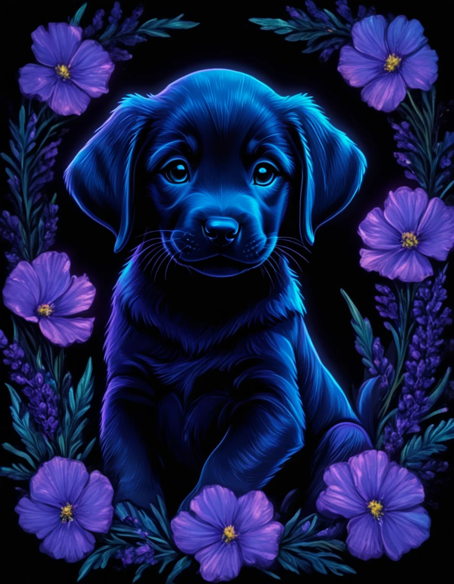 novuschroma80 style labrador retriever puppy with lavender flowers  blacklight art <lora:novuschroma80 style:1>