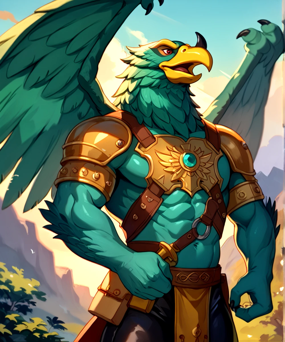 score_9, score_8_up, score_7_up,
<lora:Harakht_(Conan_the_Adventurer)_(Pony)_(AD):0.8> Harakht, falcon headed, teal green feathers, powerful muscular body, red eyes, short black horn on beak, yellow beak, 
8K, In'ei, chiaroscuro, depth of field, clear_eyes,
perfect hands, perfect proportions, 6abs, peak physical perfection, perfect male physique, sexy muscular body, powerful muscular body, impressive physique,
dynamic pose, detailed anime background, detailed photographic fluffy anime clouds, ((teal skinned hands, teal skinned body,)), perfect hands, masterclass anime, 8K 3D CGI Unreal Engine, feathers on forearms, leather pauldrons, tight leather pants, green wings, Stygian armor, short horn on beak, yellow beak, nature, courtyard, blistering hot summer, golden sunlight, masterclass oil painting, 
BREAK zPDXL, zPDXLxxx,