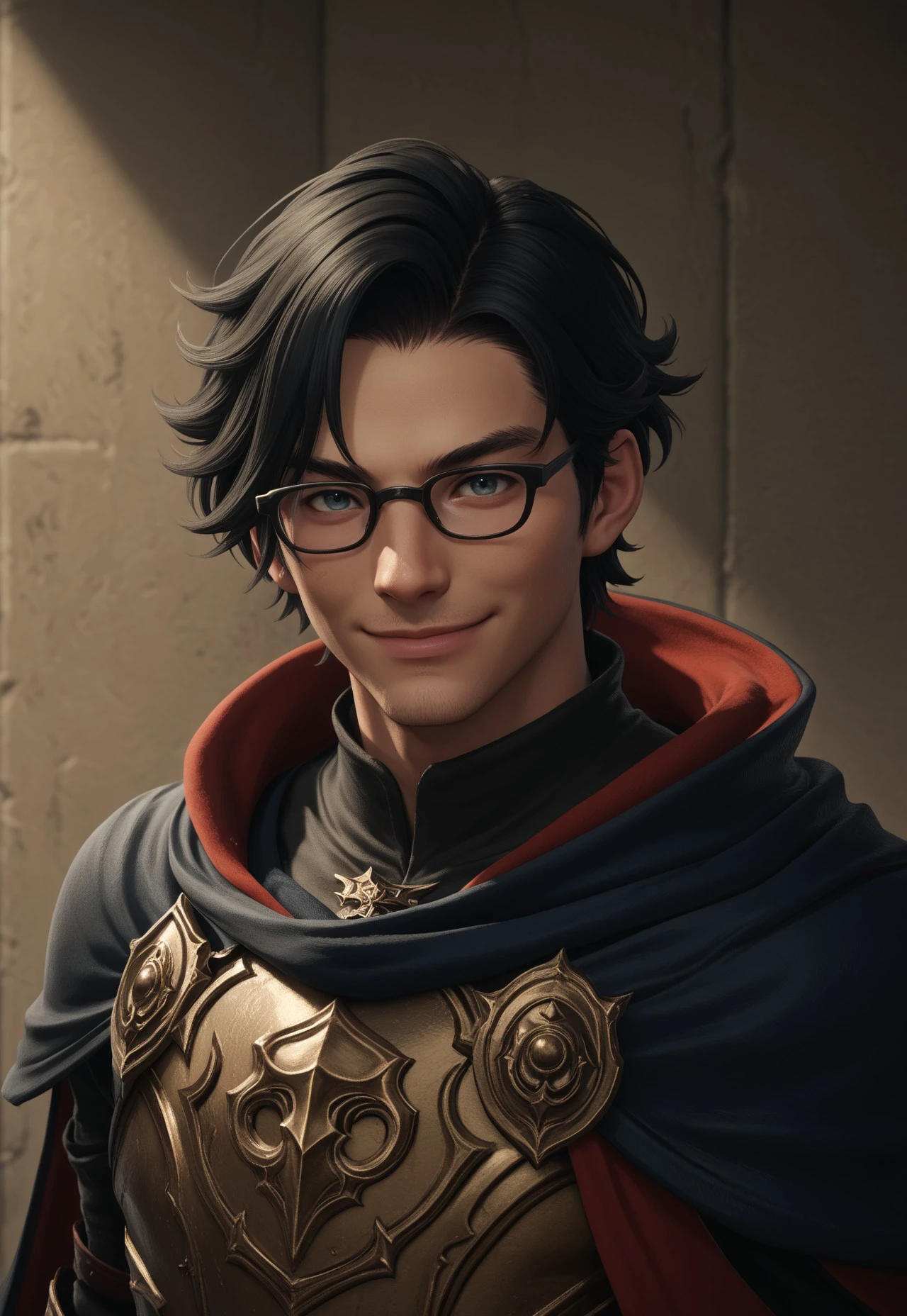 dt_xiv_style, solo, 1boy, male focus, hyur, glasses, black hair, looking at viewer, short hair, upper body, smile, armor, cape, hyur, score_9, score_8_up, score_7_up, score_6_up, score_5_up, score_4_up,