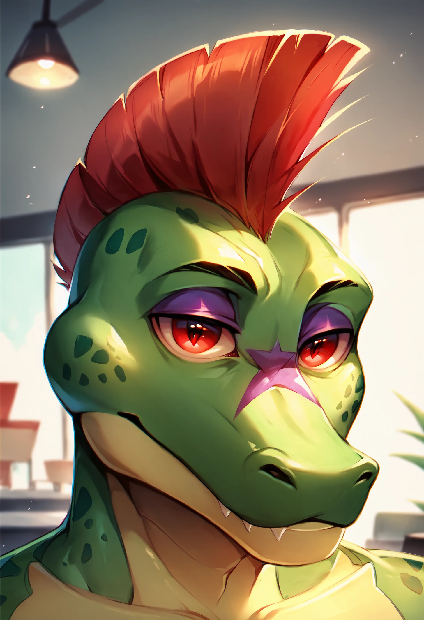 score_9, score_8_up, score_7_up, lots of details, highly detailed, close-up, (montgomery gator), (alligator, green skin, red mohawk), male, pizzeria, red eyes, chromatic aberration, detailed eyes, correct eyes, beautiful eyes, masterpiece, amazing quality, best quality, 8k <lora:Monty:0.95>