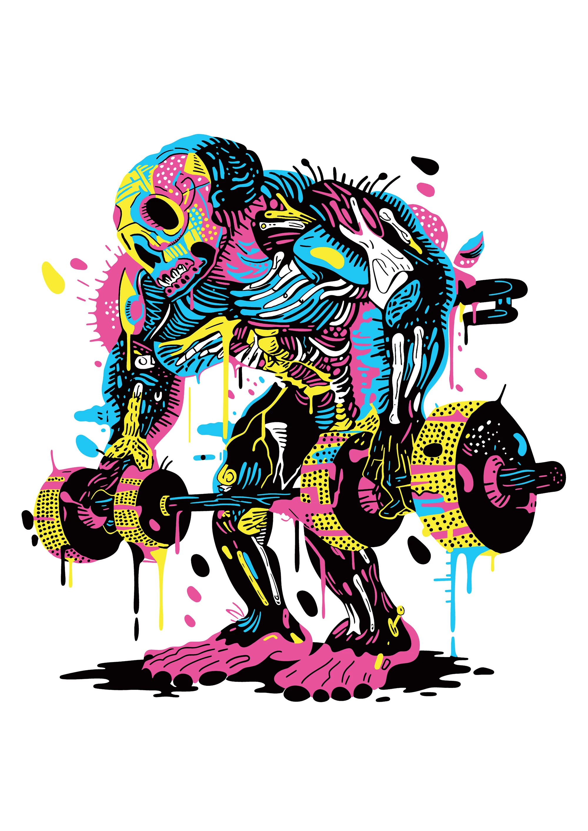 crude screen print illustration of paper cut out silhouettes of men lifting weights in gym, large muscles, overlaid with crude paper cut outs of human hands and paper cut out silhouette ribs, crude organs, random transparent paper cut out balls, teeth line drawing. use only very bright process cyan, process yellow, black and process red colours, isolate on a white background