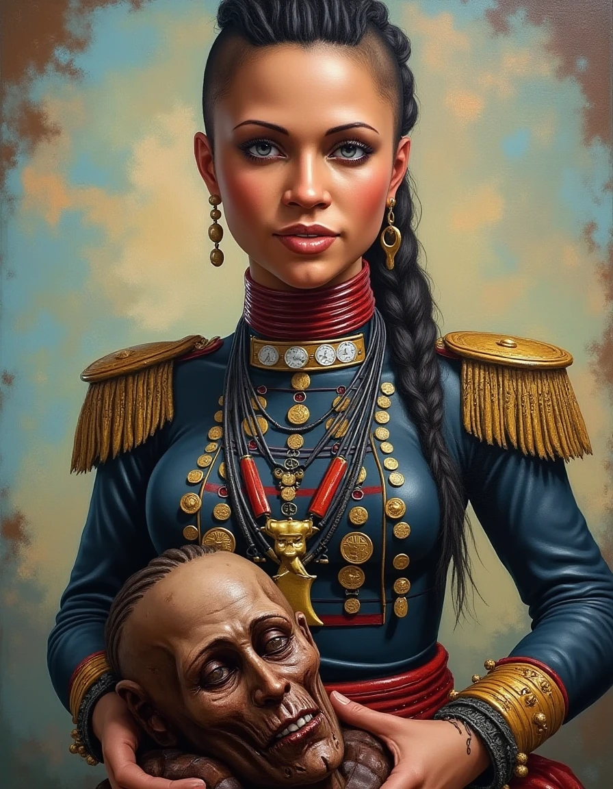 a painted naval portrait of citratalugmai woman, circa 1800s, she is wearing a naval uniform that has many medals attached to it, she is holding a shrunken corpse head that is rotten like a zombie as a war trophy prop, the paintinng is painted with broad thick brush strokes that have a lot of depth to them and each brush stroke is so thick that they even cast their own shadows on the portrait