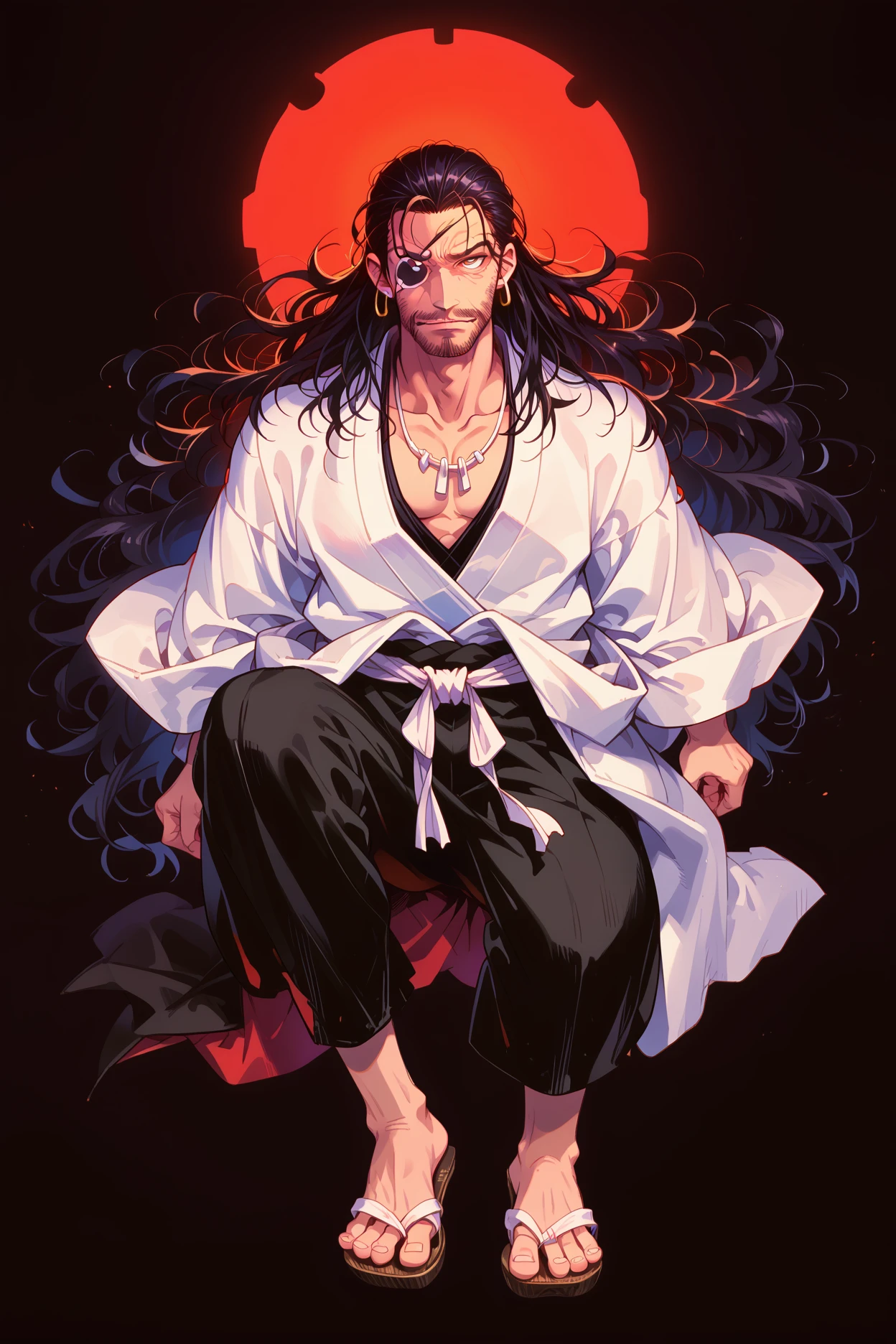 oda_nobunaga_\(drifters)\, facial hair, black hair, eyepatch, white kimono, black pants, sandals, japanese clothes, full body, black background, looking at viewer, <lora:oda_nobunaga-000019:0.8>, <lora:GLSHS:0.6> GLSHS, partially illuminated, score_9, score_8_up, score_7_up, score_6_up