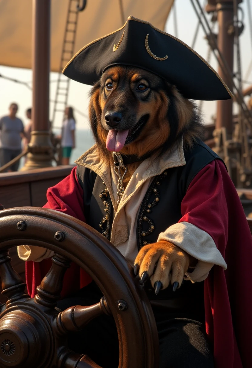 liathedog dressed like a pirate captain, steering the wheel of a large galleon <lora:Lia_-_My_Dog_F1D_r1:1.5>