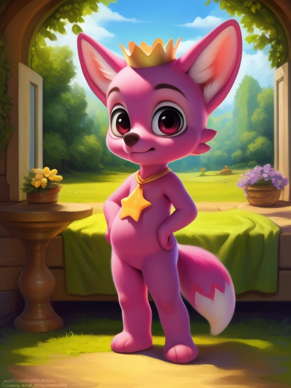 <lora:PinkfongWonRunYif:1> PinkfongWonRun, fox,  Chibi, pink fur, magenta eyes, golden crown, pink chin, star necklace, 
(solo focus), Looks at the viewer,  (Hands on hips, standing,)
[ large window, (nature), forest, grass, day shining, clouds, flowers, blanket, blue pillows, candles, bed, pillows, ]
(beautiful, aesthetic, perfect, delicate, intricate, saturated colors), masterpiece, digital drawing, best quality,
by ulitochka, by taran fiddler, by Silverfox5213, by personalami,