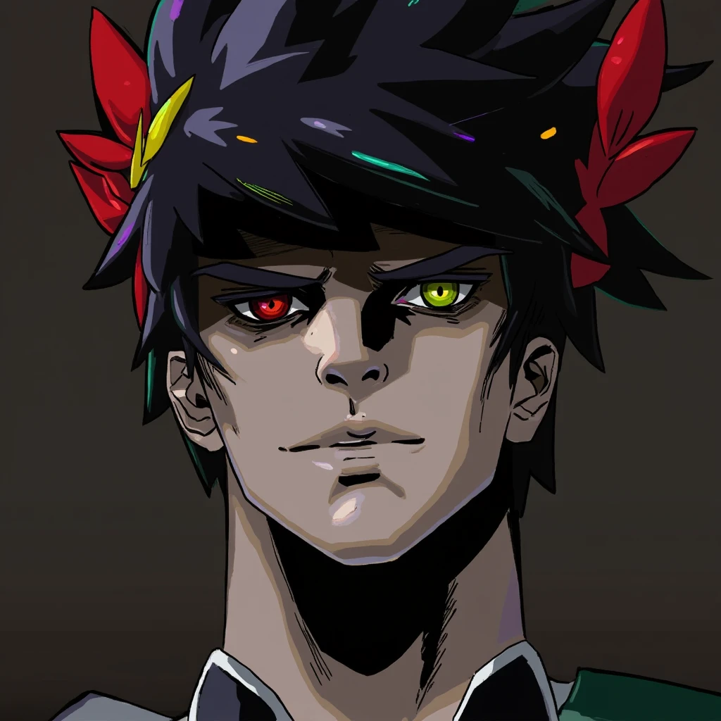 <lora:ZagreusFlux:1>Zagreus Hades, , , His eyes are strikingly different colors; his left eye is a vibrant green, while the right eye is a deep red