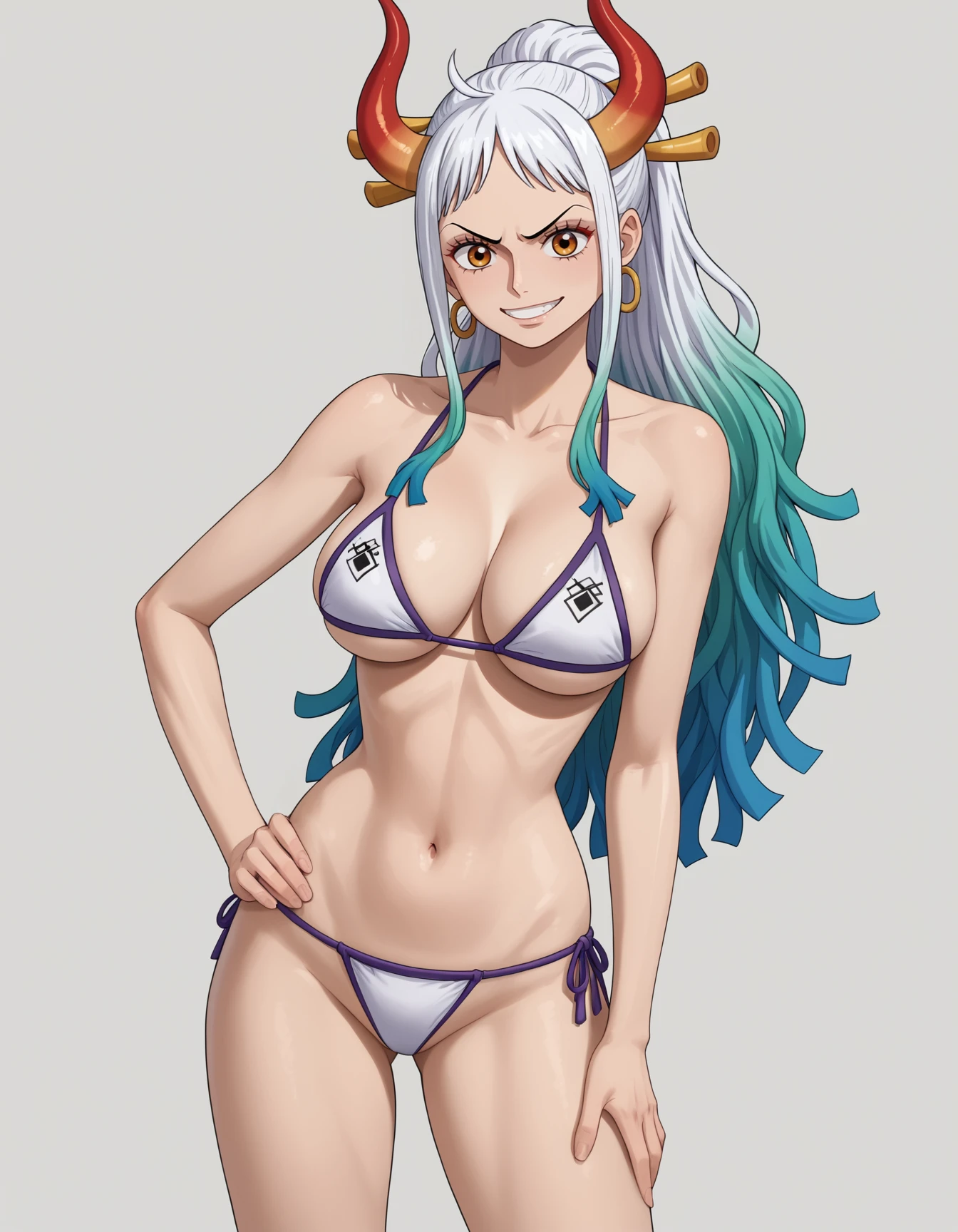 yamato (one piece), solo, 1girl, gradient bikini, simple background, smirk