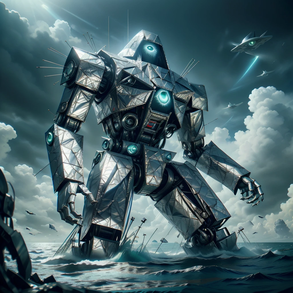 <lora:ConspiracyTech:0.9>, conspiracytech,  scifi,  occult , illuminati, eerie , foil,  
tall colossal battle mech , destruction, ocean,