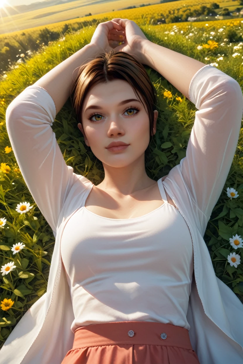 score_9, score_8_up, score_7_up, score_6_up
<lora:FCarla:1.0>
FCarla, 1girl, brown hair, looking at viewer, lying in a field of wildflowers, arms stretched out, sun shining through the clouds, soft and warm lighting, peaceful and nature-connected feeling