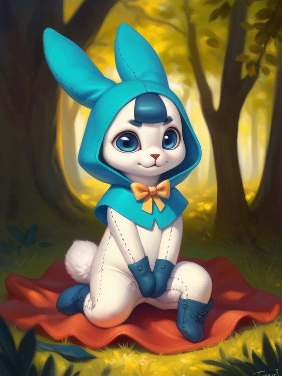 <lora:TadonaPopinQYif:1> TadonaPopinQ, hood with bunny ears, dark blue boots, dark blue gloves, dark blue bangs, bow tie, blue eyes, (plush doll body,) , chibi,
(solo focus), Looks at the viewer, ((cowgirl position,))
[ large window, (nature), forest, grass, day shining, clouds, flowers, blanket, blue pillows, candles, bed, pillows, ]
(beautiful, aesthetic, perfect, delicate, intricate, saturated colors), masterpiece, digital drawing, best quality,
by ulitochka, by taran fiddler, by Silverfox5213, by personalami,