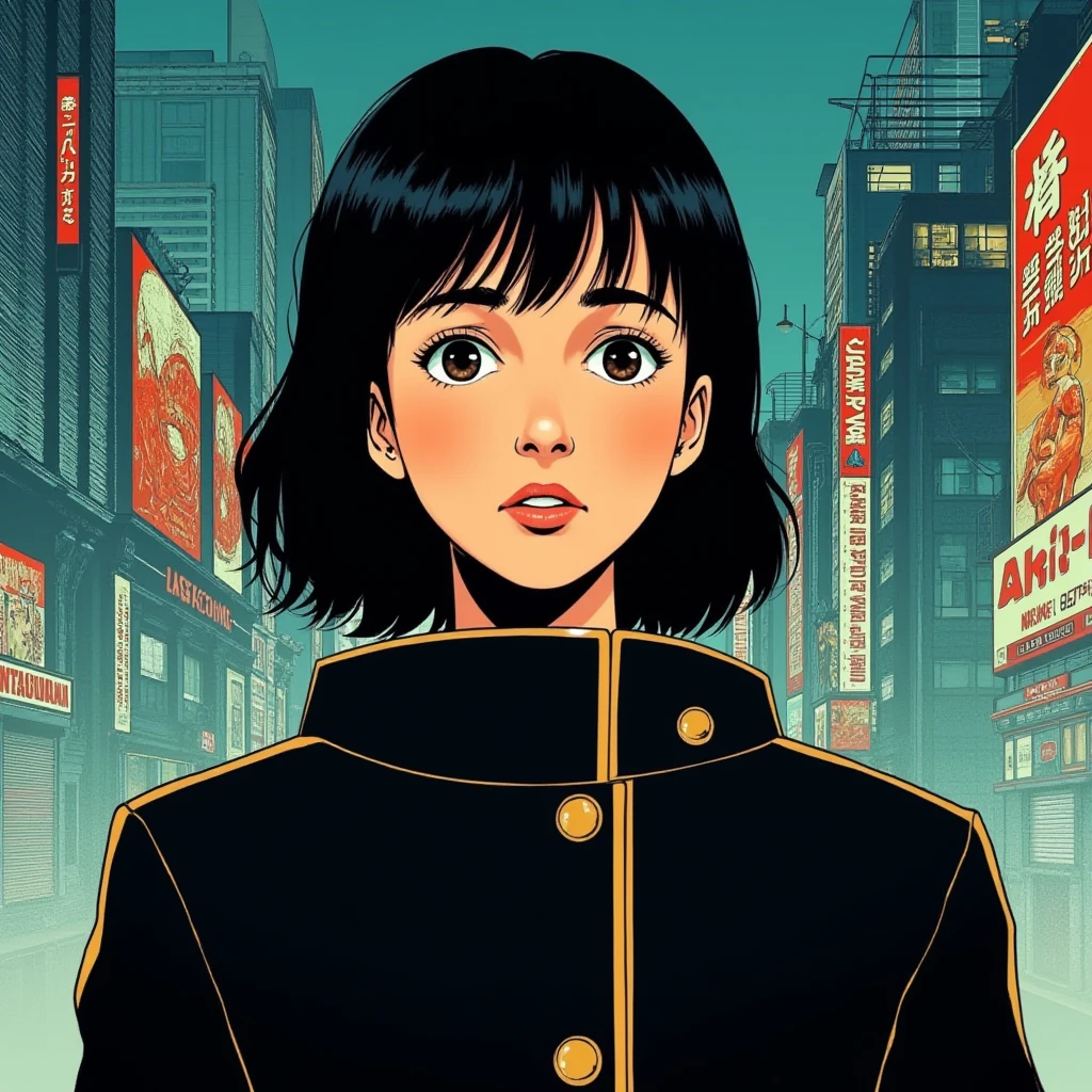 ((Retro 90s Anime style illustration)) drawing of a closeup on face of woman wearing a long black trench-coat futuristic city in the background in the style of the 90s anime Akira. <lora:Naomi_Scott_FLUX_v1-000031:1>