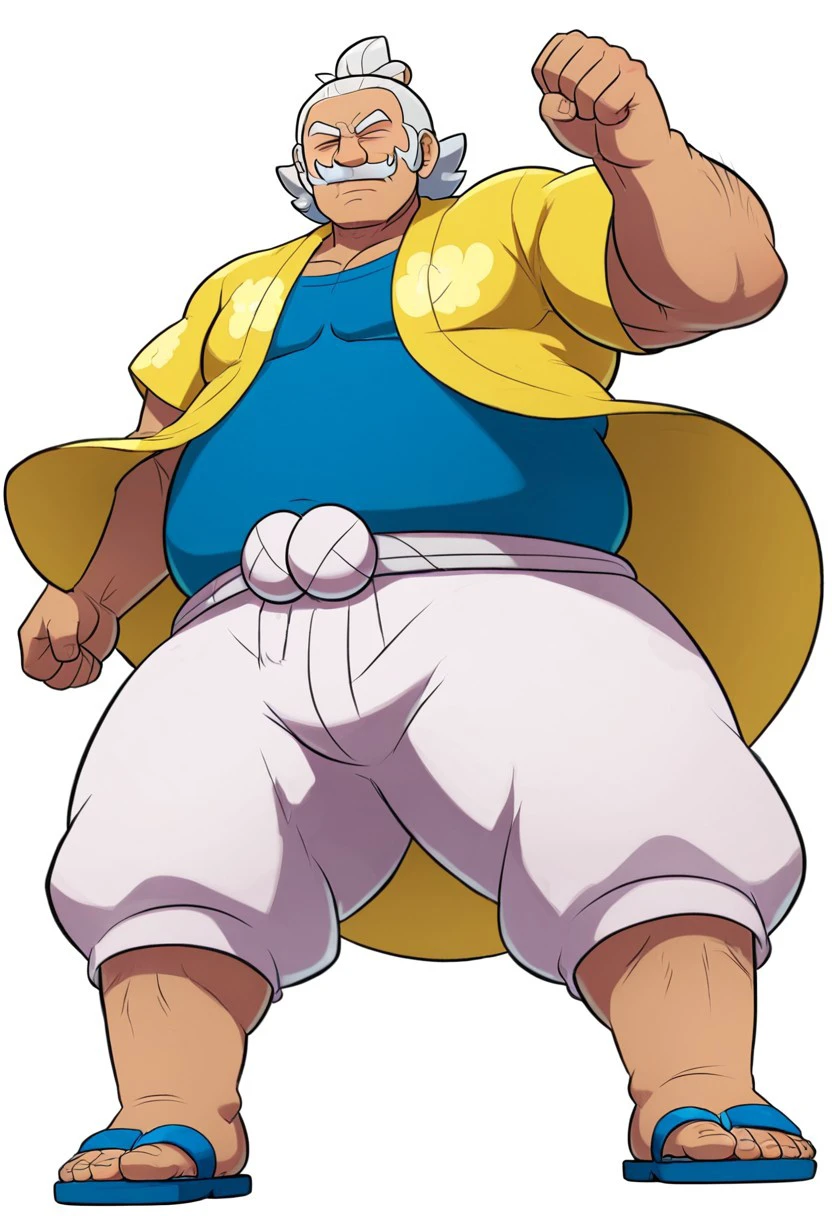 Hala Pokemon, solo, male, mustache, male focus, old man, 2d, cartoon, white hair, closed eyes, black skin, Strong, muscular, fat, chubby, overweight, white background, relaxed pose, sandals, close up view, full body, fighting pose, simple background, 4k, standing, masterpiece, best quality, highly detailed, cartoon, looking to camera, threatening look, looking down, close up view, low angle, Eye Level Angle