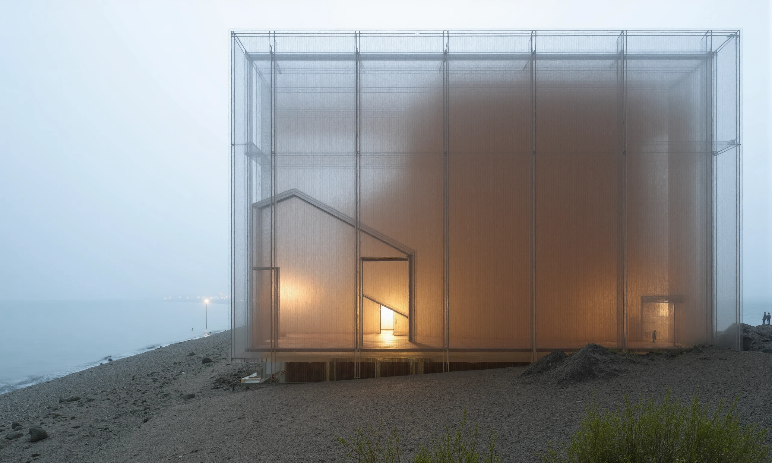 Minimalistic modern museum with transparent wooden facade and light  behind the facade and with complex parametric and organic shape parts, located on the seaside, natural materials, RAW photo, architecture over exposed photography, diffused light, ISO 1600, Nikon AF-S 70-200mm f/2.8G ED VR II, long exposure. award-winning, professional, highly detailed, rainy day