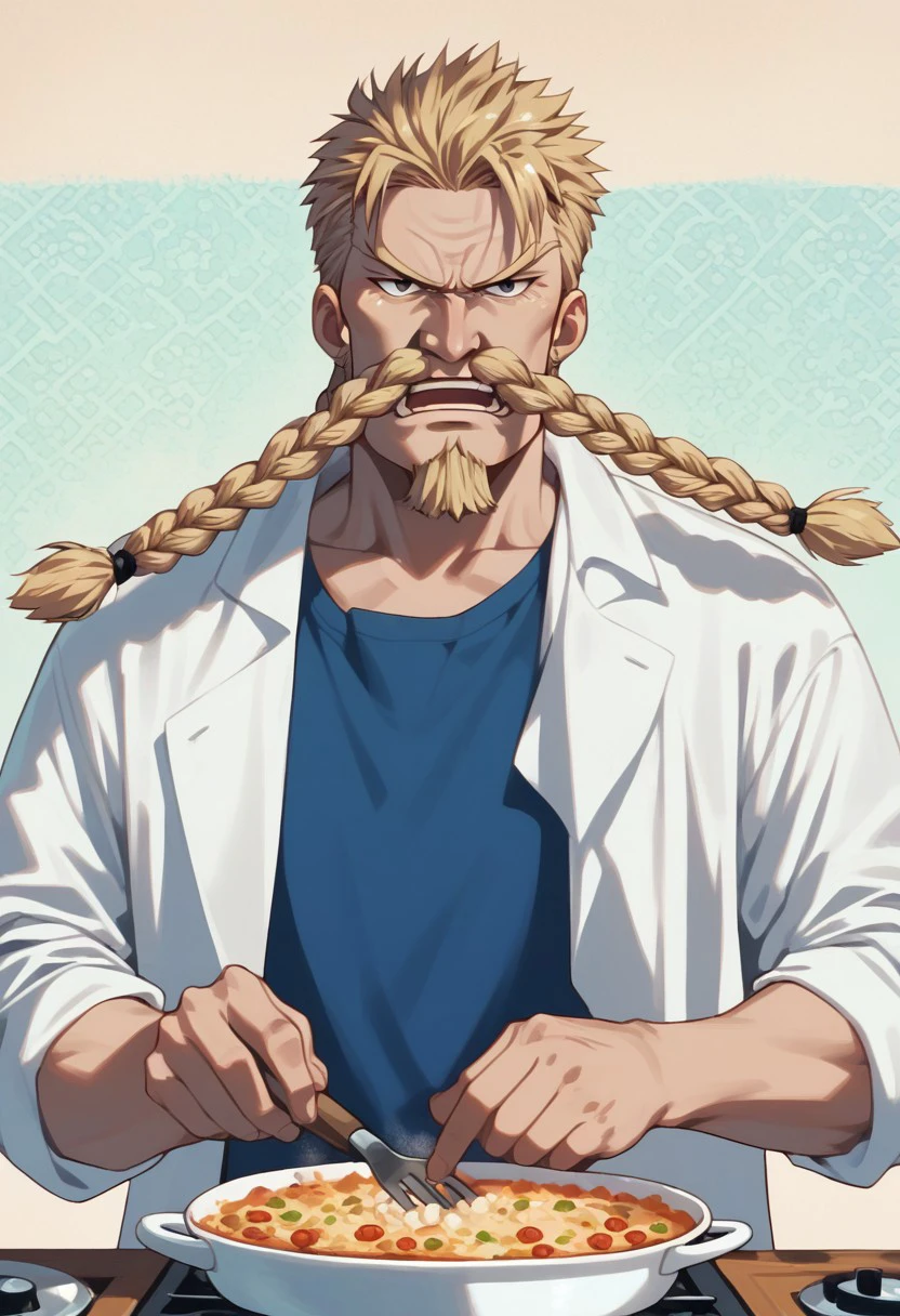 score_9, score_8_up, score_7_up, source_anime, rating_safe, ZeffOP, blonde spiky hair, yellow_Zeff_twin braids facial hair, 1boy, male focus, casual clothes, serious, open mouth, cooking, hands with five fingers, stove, simple light yellow patterned background, cute-wallpaper,