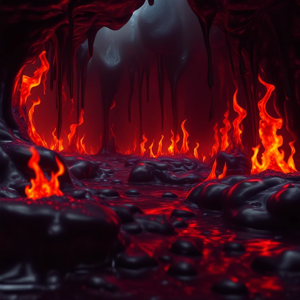 skull, beard, rock, water, glowing, slimy, red flames, slimebath, open mouth, 1other, melting, slime, burning, muscular, 1boy, muscular male, extra eyes, scenery