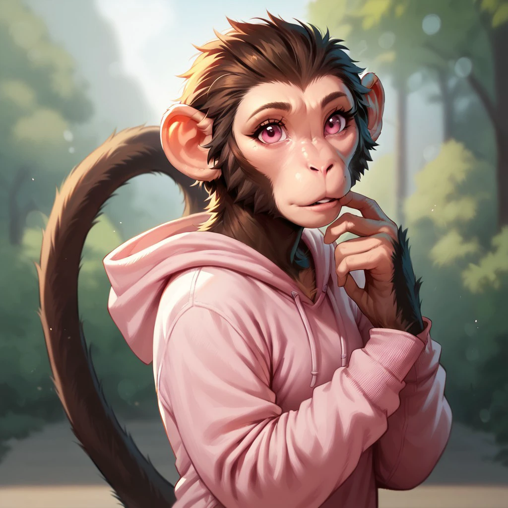 (((detailed, beautiful, high quality))), score_9, score_8_up, score_7_up,
hadozee, furry monkey, tail,
1girl, pink eyes, fair skin, brown fur, pink hoodie,
looking at the viewer, posing, blurred background, blurred fantasy background,