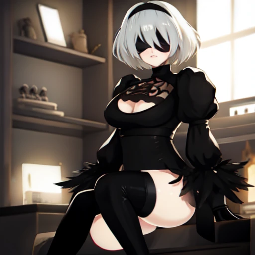 (Highest quality, 8k, masterpiece :1.3),2b,nier:Automata, One woman,,Gray Hair,nsfw,Blindfold,Voluptuous body,Armlock,Sex with an invisible man,M-shaped legs,