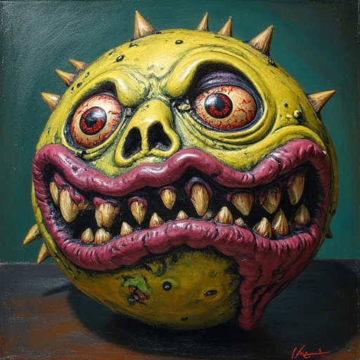 Portrait painting on an oil canvas of a set of eccentric and unsettling monster orbs, each with its own distinct, exaggerated face, these monstrous balls feature grotesque elements like rotting skin, veiny eyeballs, and crooked grins, all captured in a style that merges horror and humor, the color palette is vibrant yet eerie, with shades of green, purple, and yellow dominating the scene, making the orbs both terrifying and oddly playful, Surrealism style, art by Salvador Dali