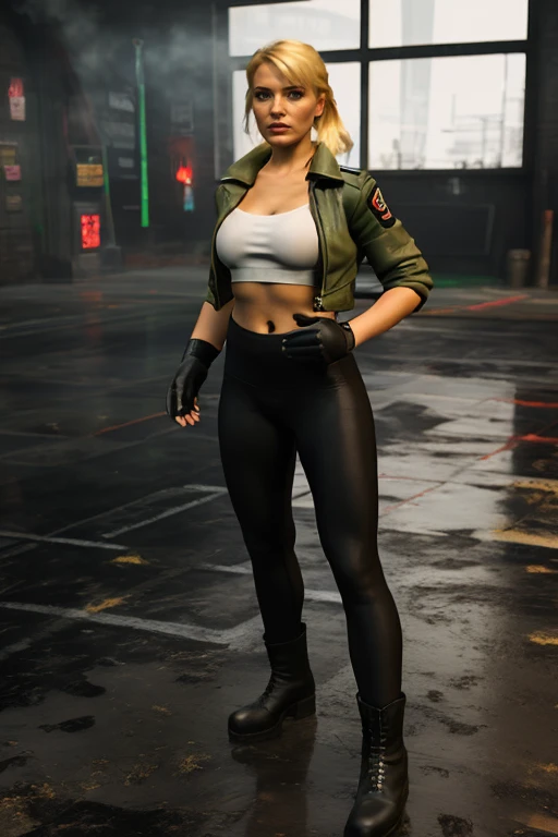 mj, 3d, perfect, epic, sonya blade, sonyablademka, 1girl, solo, blonde hair, fingerless glovess, jacket, black tight leggings, thong, boots, navel, midriff, <lora:SONYABLADEMKA-10:0.49>