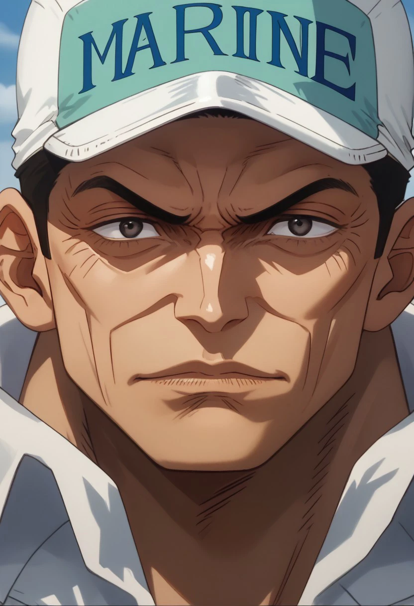 score_9, score_8_up, score_7_up, source_anime, rating_safe, AkainuOP, black_Akainu_hair, black_Akainu_eyes, 1boy, male focus, anime screencap, white-green_Akainu_hat, blue_hat_text