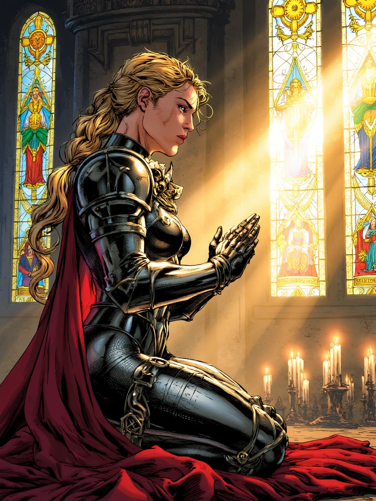 jimlee style, comicbook illustration, distant shot of paladin woman in ornate armor and red cape praying on her knees, closed eyes, ornate silver armor with big golden shoulder pads, blonde hair with longe single braid, beam of light falls on her body, light made caustic effects because of stained glass windows and dim glowing candles <lora:sxz-Jim-Lee-Flux:1>