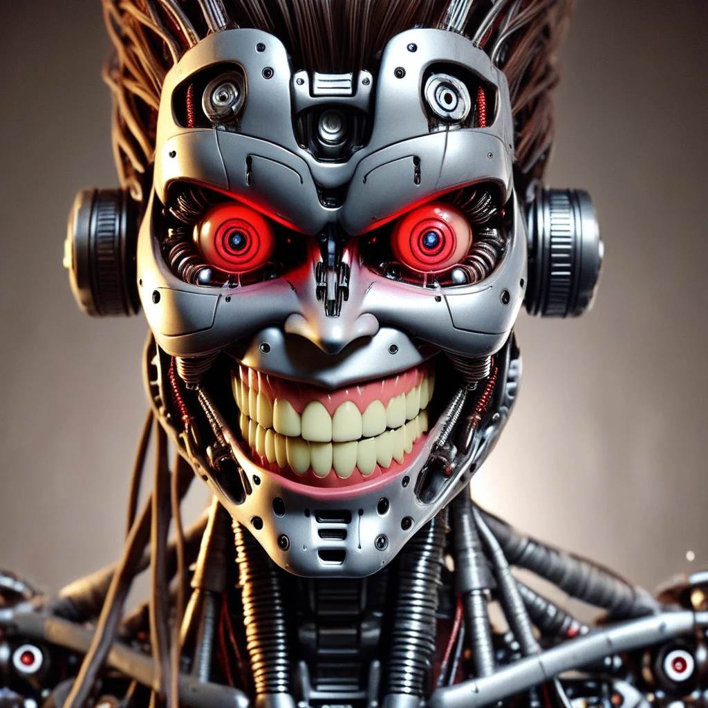 humanoid robot, 1girl, close-up, portrait, mechanical parts, no humans, realistic, solo, brown hair, strands of hair cascading down from the head, large glowing red eyes, looking at viewer, nose, smile, grin, slight dimples in the cheeks, open mouth, clenched teeth, cables protruding from the neck area, neck composed of exposed mechanical parts and wires, glowing, blurry background, cables, horror (theme)