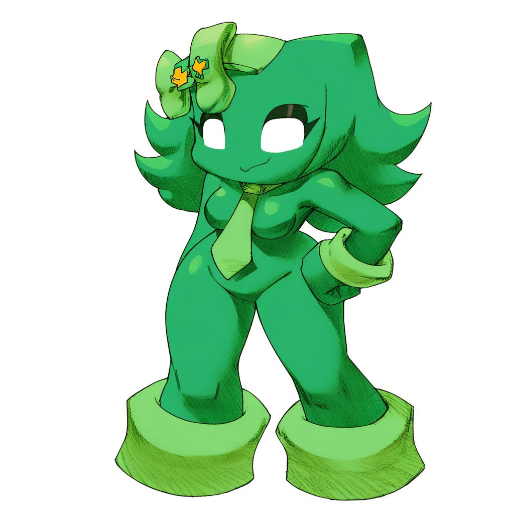 MVC2style, simple background, white background, full body, mint green skin, Kint gurl, 1girl, square body, medium sized breasts, no ear, no nose, no pupils, mint green hair, curly hair, black eyeshadow, bedroom eyes, big hips, curvy body, smiling, light green tie, light green bow, light green boots, <lora:MVC2Style_SDXL-000005:1.0>