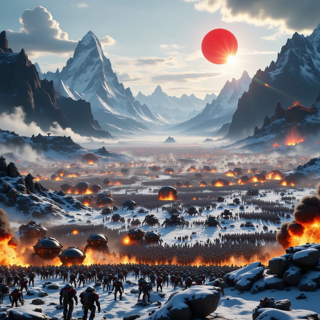 an extreme wide shot of a battlefield between an army of insect like kaijuus against an army of mechwarriors, BREAK, there are mountains on the background as high as Mount Everest, a frozen valley, two red suns in the sky, fire and explosions abound, cinematic volumetric lighting, shot with Sony Fx6