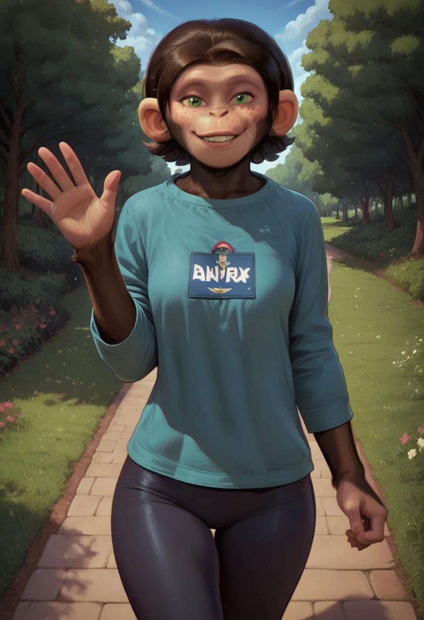 score_9, score_8_up, score_7_up, furry, chimpanzee, ape, female, primate girl,1girl, beautiful face, petite, 20yo female, brown hair, blue shirt, yoga pants, green eyes, freckles, score_9, score_8_up, score_7_up, BREAK, 1girl, solo, looking at viewer, cute, smiling, smug, walking, waving at viewer, afternoon, park, grass, trees, afternoon, female focus, looking at viewer, detailed background, 4k, masterpiece, best quality, highly detailed, realistic, full shot
