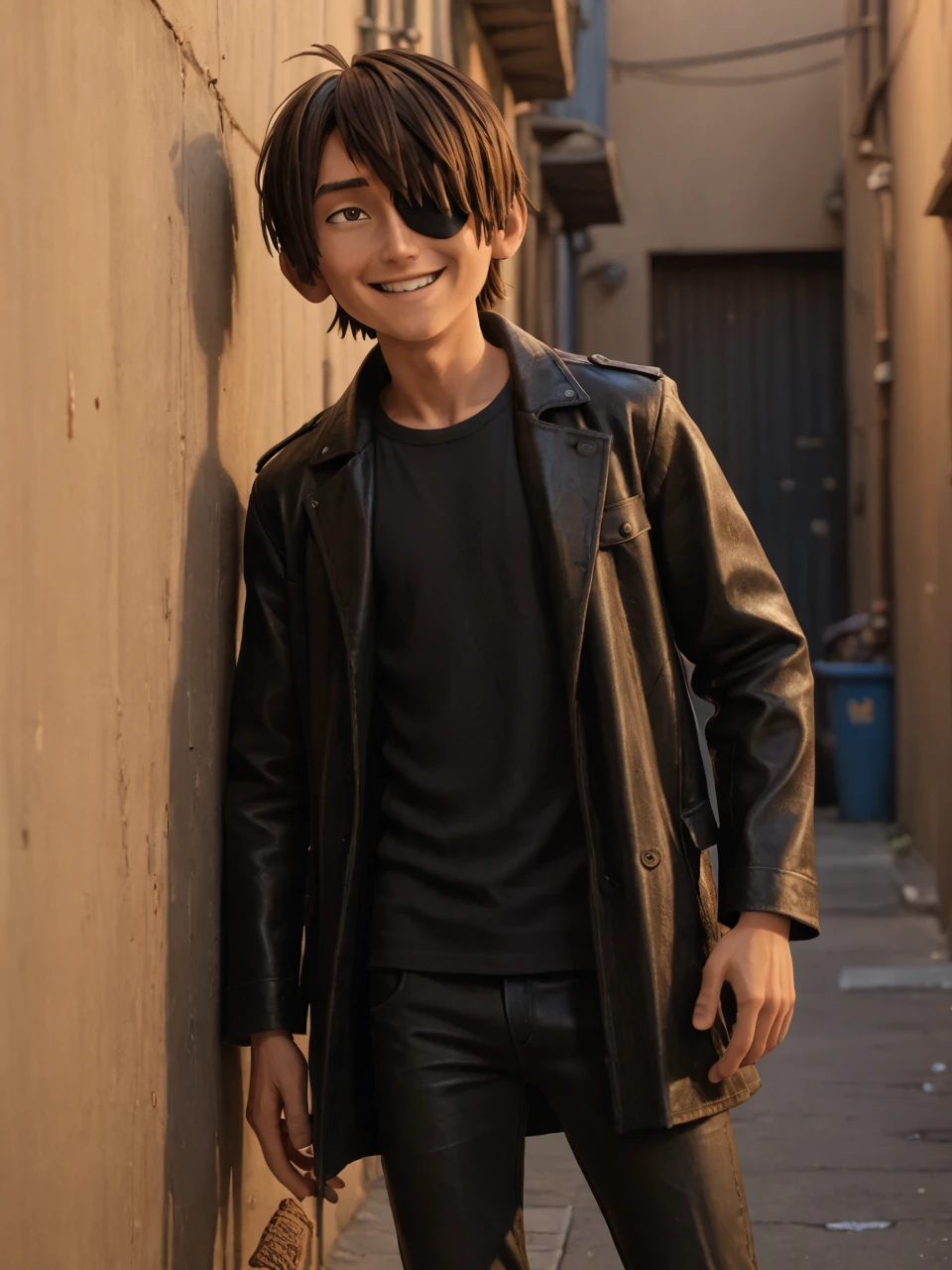 score_9, score_8_up, score_7_up,  score_6_up, BREAK, LaiKubo, 1boy, solo, brown hair, brown eyes, hair over one eye, topknot, eyepatch, black shirt, shirt, black pants, leather pants, leather coat, shiny leather coat, long leather coat, smile, alley, lean on wall <lora:Kubo:1>