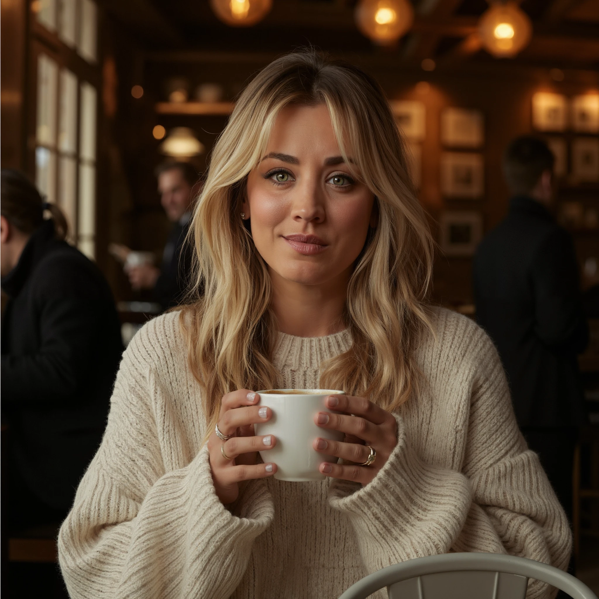 Create a detailed, close-up portrait of k4ycuoco with blonde hair sitting in a cozy, dimly lit coffee shop. She is shown from the chest up, with a warm and inviting expression on her face. Her eyes are the focal point of the image, making direct eye contact with the viewer and conveying a sense of warmth, love, and connection. She is wearing a comfortable, oversized sweater which complements her skin tone and adds a touch of sophistication to the casual setting. In one hand, she holds a steaming cup of coffee, with the other resting gently on the table. The background of the image should feature the warm, inviting ambiance of the coffee shop, with soft lighting, warm wood tones, and the subtle movement and sounds of other patrons and baristas going about their business. The overall mood of the image should be one of comfort, intimacy, and connection. <lora:flux_realism_lora:1><lora:KaleyCuocoFlux_V1>