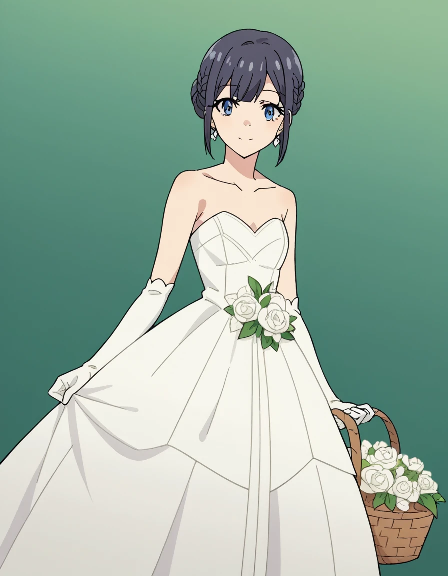 score_9, score_8_up, score_7_up, source_anime, <lora:shouko-makinohara-s1-movie-ponyxl-lora-nochekaiser:1>, shouko makinohara, blue eyes, black hair, braid,, hair bun, french braid, single hair bun, gloves, dress, bare shoulders, jewelry, collarbone, earrings, elbow gloves, white gloves, white dress, strapless, white flower, strapless dress, wedding dress, long dress,, farmers market, fresh produce, local vendors, baskets, sunny day, community, smile, looking at viewer, solo,, cowboy shot, dutch angle
