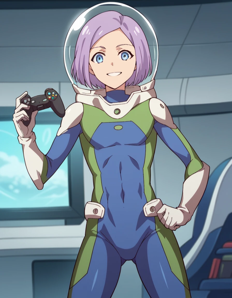 score_9, score_8_up, score_7_up, source_anime, <lora:luca-esposito-s1-ponyxl-lora-nochekaiser:1>, luca esposito, short hair, blue eyes, purple hair, forehead, otoko no ko, androgynous,, gloves, bodysuit, pilot suit, spacesuit,, living room, video game, controller, competitive, fun, afternoon, smile, looking at viewer, solo,, cowboy shot, dutch angle