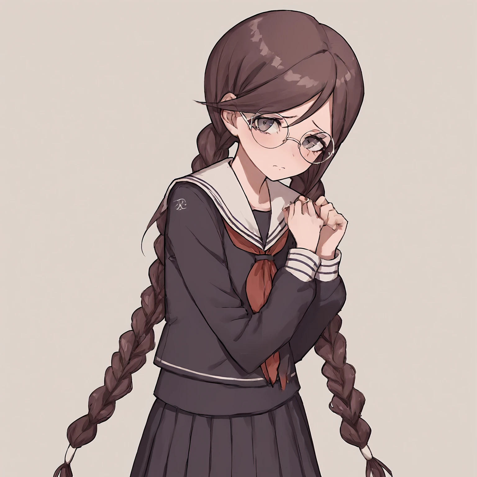 zPDXL3, <lora:Toko_Fukawa_and_Genocide_Jack_Danganronpa_Trigger_Happy_Havoc_pdxl:1> 1girl, long hair, twin braids, glasses, round eyewear, school uniform, bangs, solo, sailor collar, brown hair, serafuku, skirt, looking at viewer, long sleeves, toko fukawa, fukawa touko, standing, shy,