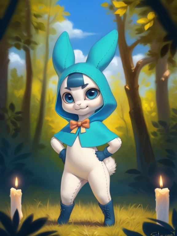 <lora:TadonaPopinQYif:1> TadonaPopinQ, hood with bunny ears, dark blue boots, dark blue gloves, dark blue bangs, bow tie, blue eyes, (plush doll body,) , chibi,
(solo focus), Looks at the viewer, ((Hands on hips, standing,))
[ large window, (nature), forest, grass, day shining, clouds, flowers, blanket, blue pillows, candles, bed, pillows, ]
(beautiful, aesthetic, perfect, delicate, intricate, saturated colors), masterpiece, digital drawing, best quality,
by ulitochka, by taran fiddler, by Silverfox5213, by personalami,