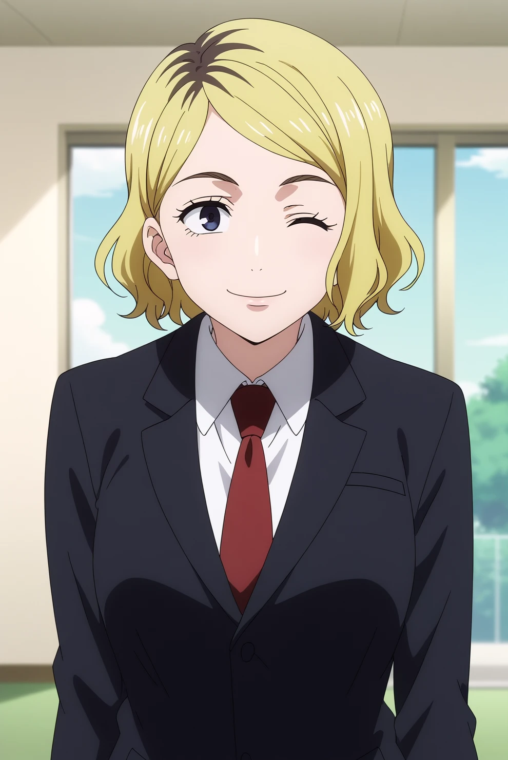 akari nitta,anime screencap,1girl,solo,mature,blonde hair,necktie,short hair,suit,red necktie,shirt,standing,office,emotionless,smile,wink <lora:Akari_Nitta_- PDXL2.safetensors:0.8>