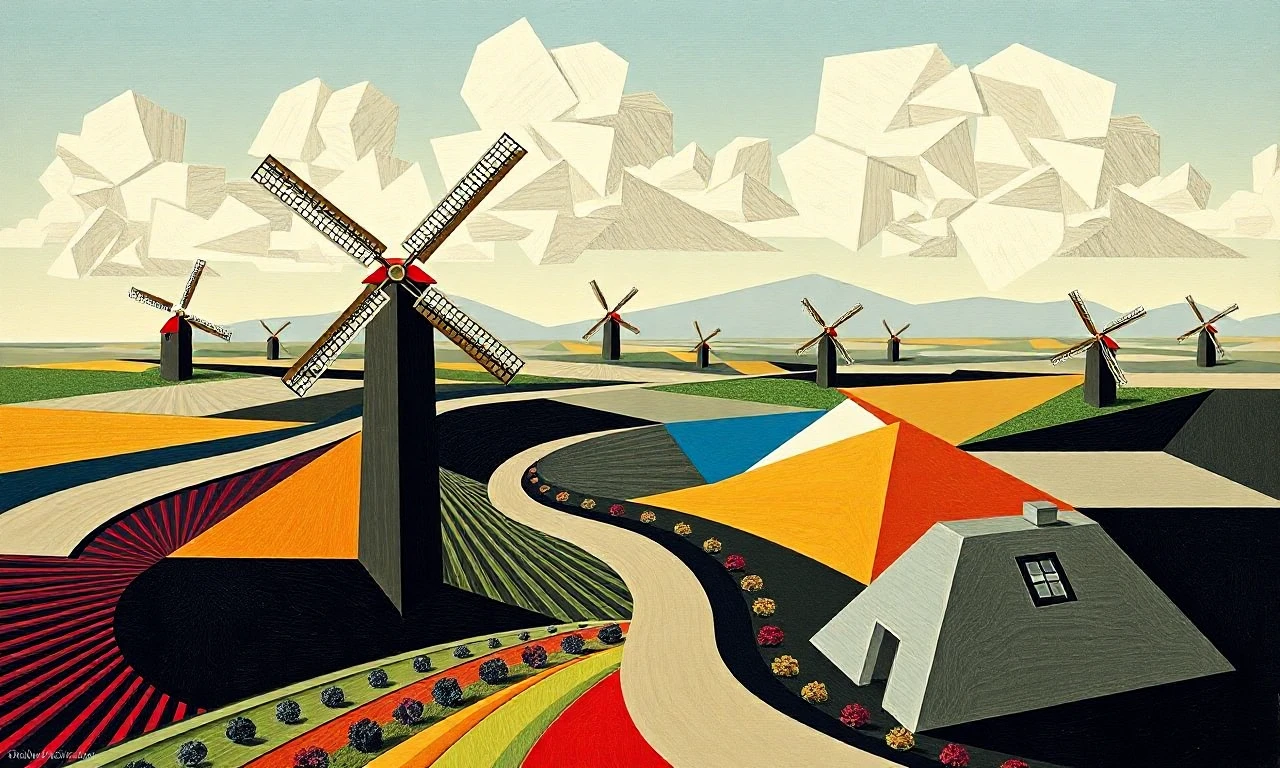 Faceted landscape with windmills art in cub1sm style,<lora:cub1sm:1>,geometric forms,flattened space,muted tones,cubism,shattered,fractured,