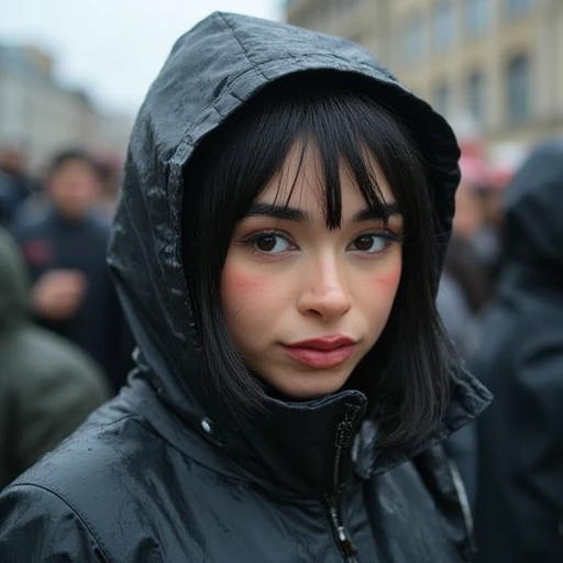 @lelasohna, italian, realistic, internet personality, closed rain coat, crowded background, raining, black hair, outdoors, lips, Neutral expression